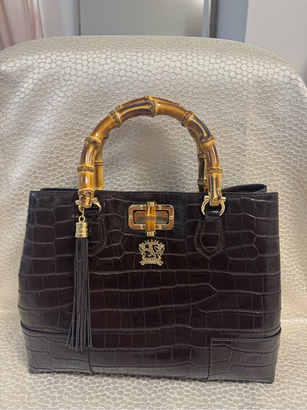 Luxury Croc-Embossed Tote with Bamboo Handles - Dark Brown